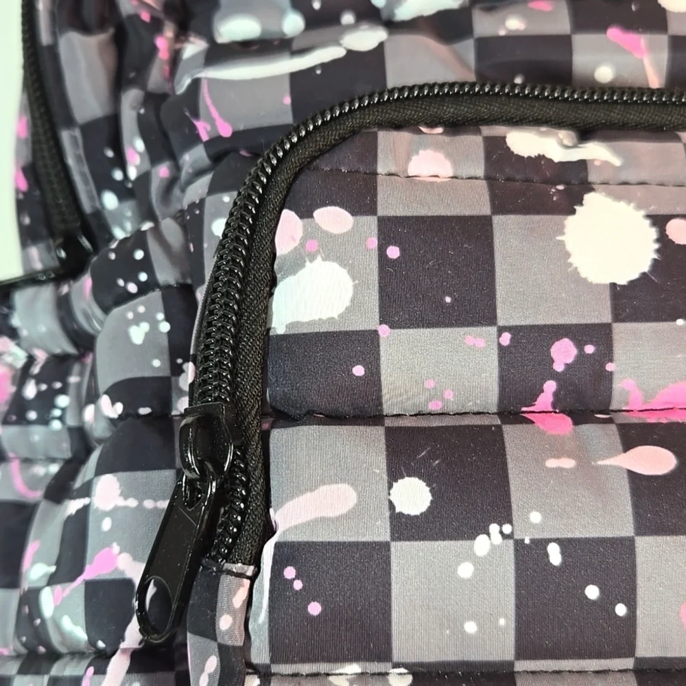 NWT Checkered Backpack with Pink and White Splatter Zippered Padded